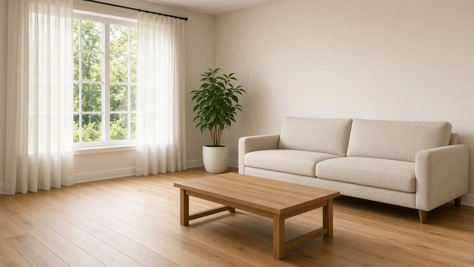 An empty open-house living room with soft daylight, a beige sofa, and a wooden coffee table in a calm suburban interior.