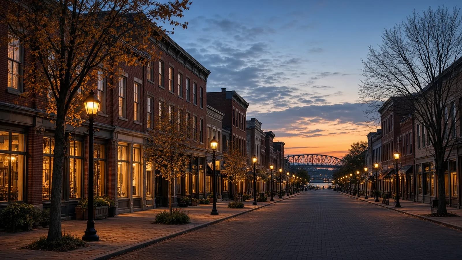 A brick-lined river-town main street at dusk with glowing lampposts and a truss bridge in the distance.