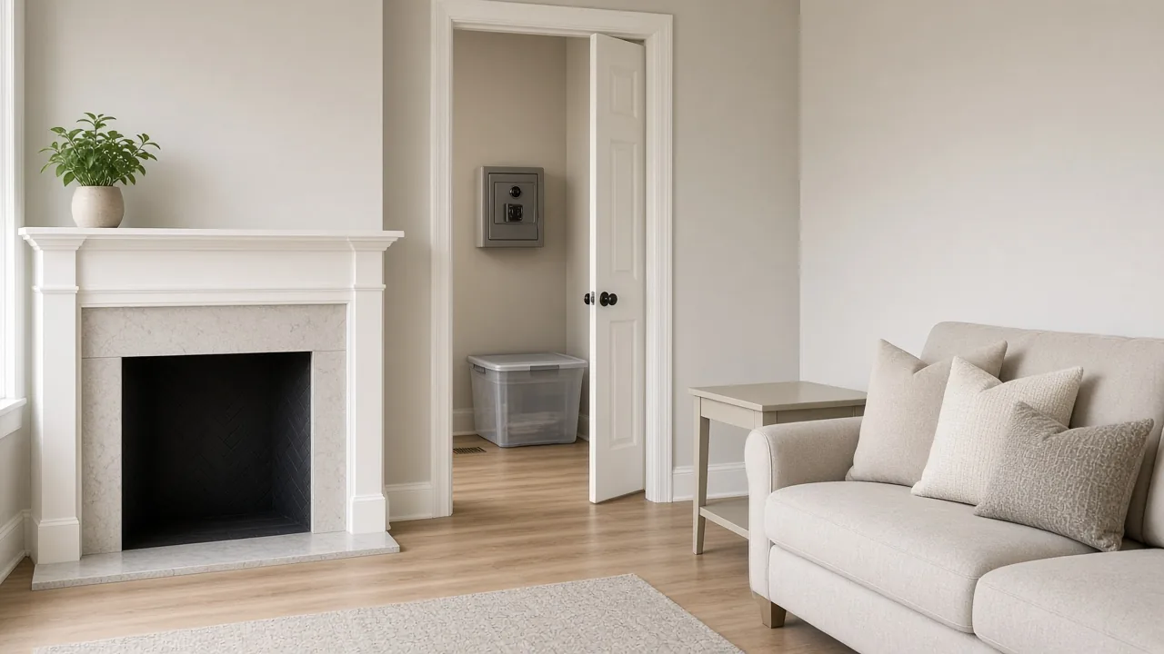 A tidy, staged living room with a bare fireplace mantel and an empty side table. Through an open closet door, a storage bin sits on the floor below a small wall safe.