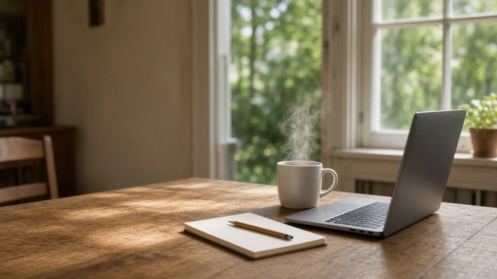 A quiet wooden kitchen table by a sunny window with a steaming coffee mug, an open laptop, and a closed notepad with a pencil.