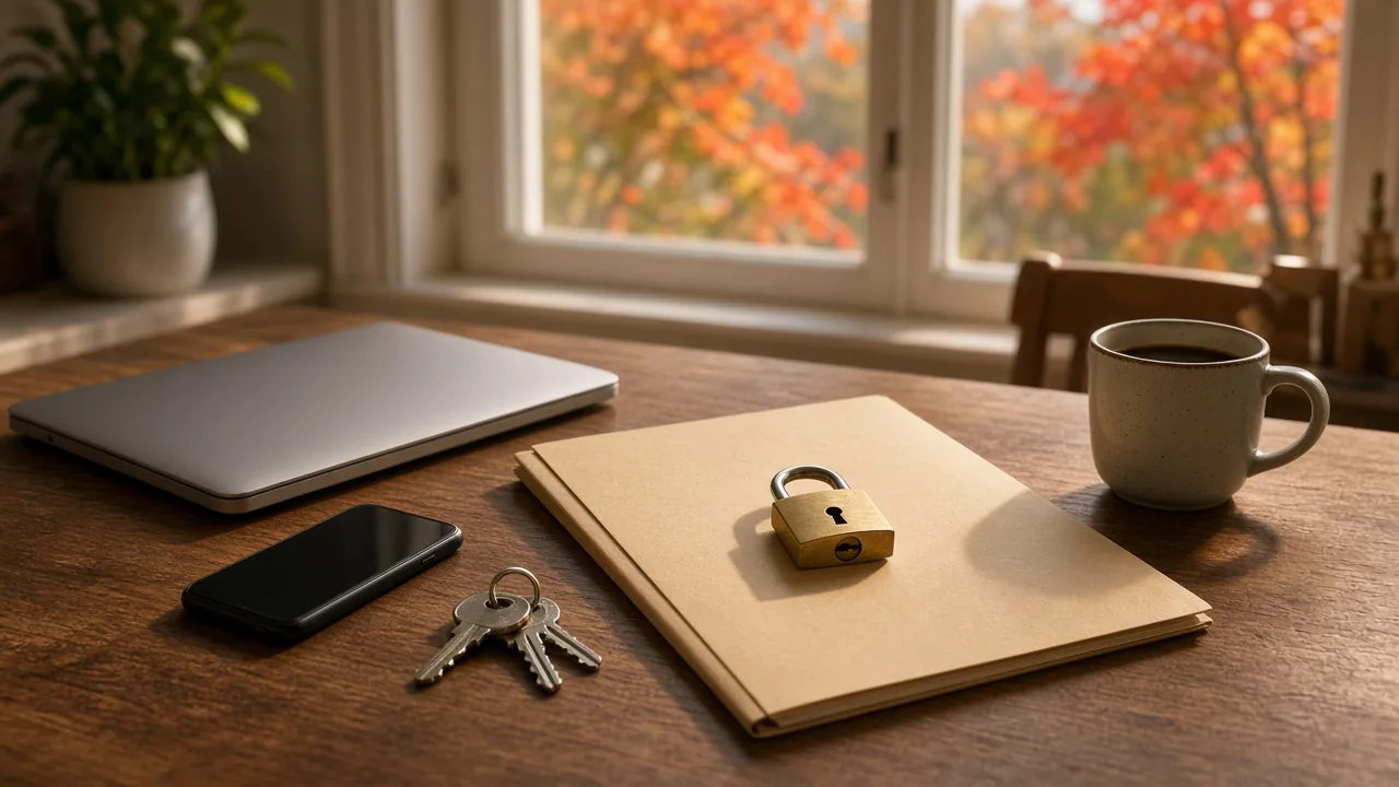 A wooden kitchen table in morning light with a closed laptop, a phone turned face down, a set of house keys, a coffee mug, and a closed folder with a small brass padlock on top, with autumn trees outside the window.