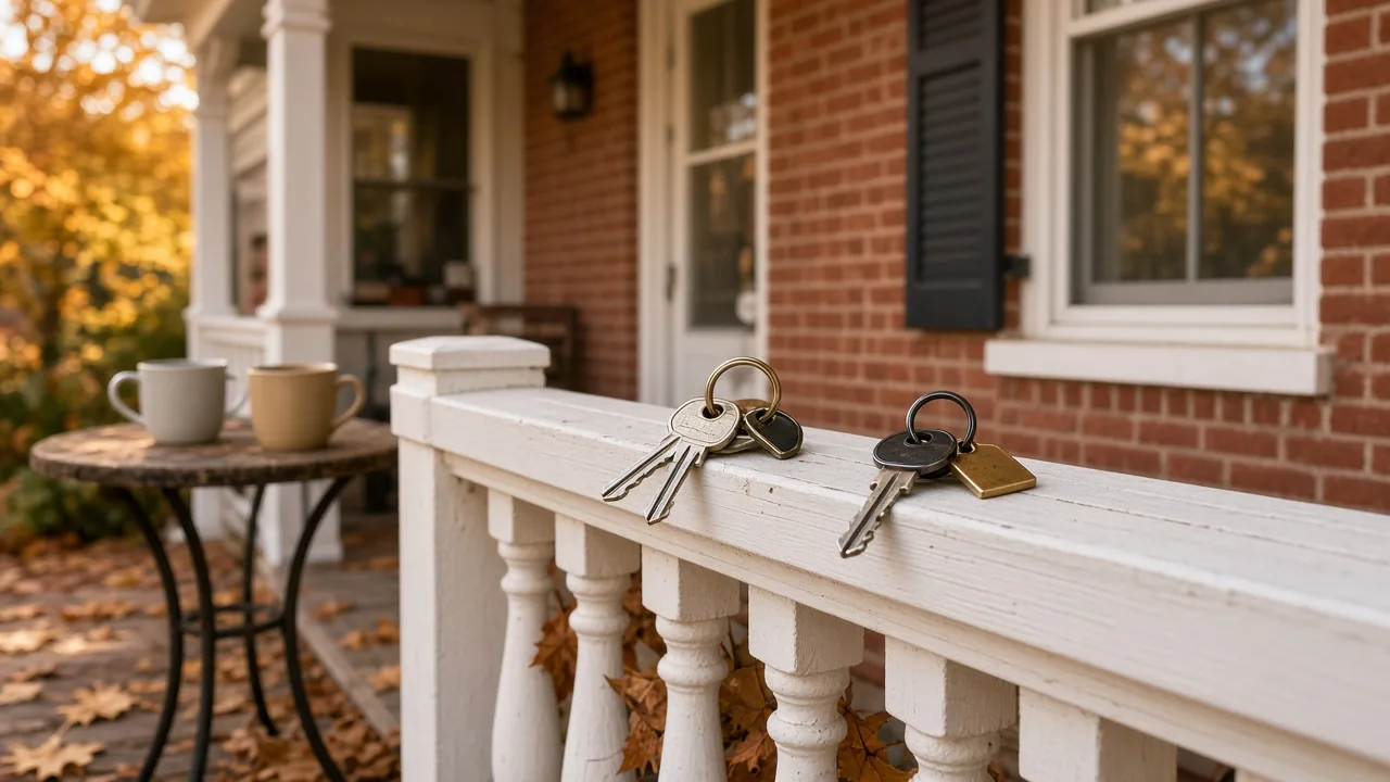 Two sets of house keys on separate key rings resting on the white porch railing of a brick home, with two coffee mugs on a small porch table and autumn leaves on the floor.