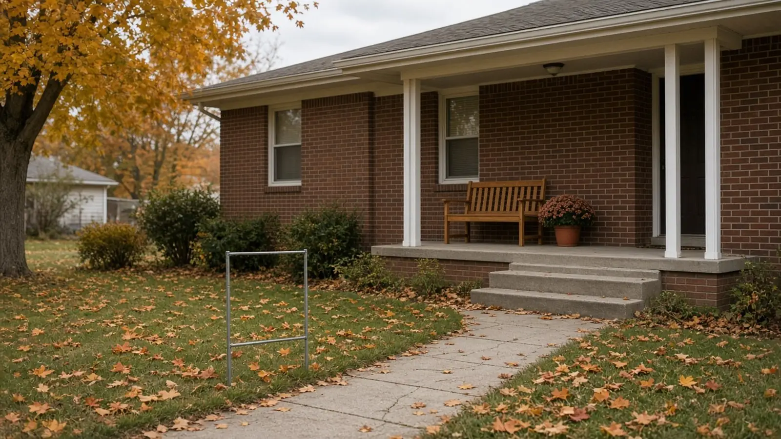 The front walk of a brick ranch house in autumn, with an empty metal yard-sign frame in the leaf-covered lawn and a wooden bench on the porch.