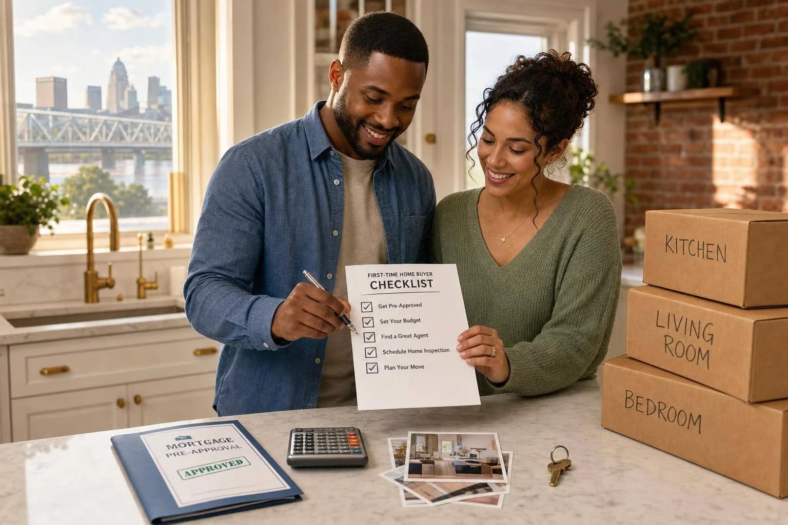 Couple reviewing a first-time home buyer checklist in their kitchen