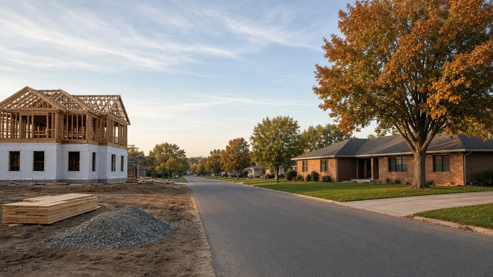 A suburban street in autumn with a new two-story house still in framing on a dirt lot on one side and an established brick ranch house under a maple tree on the other.