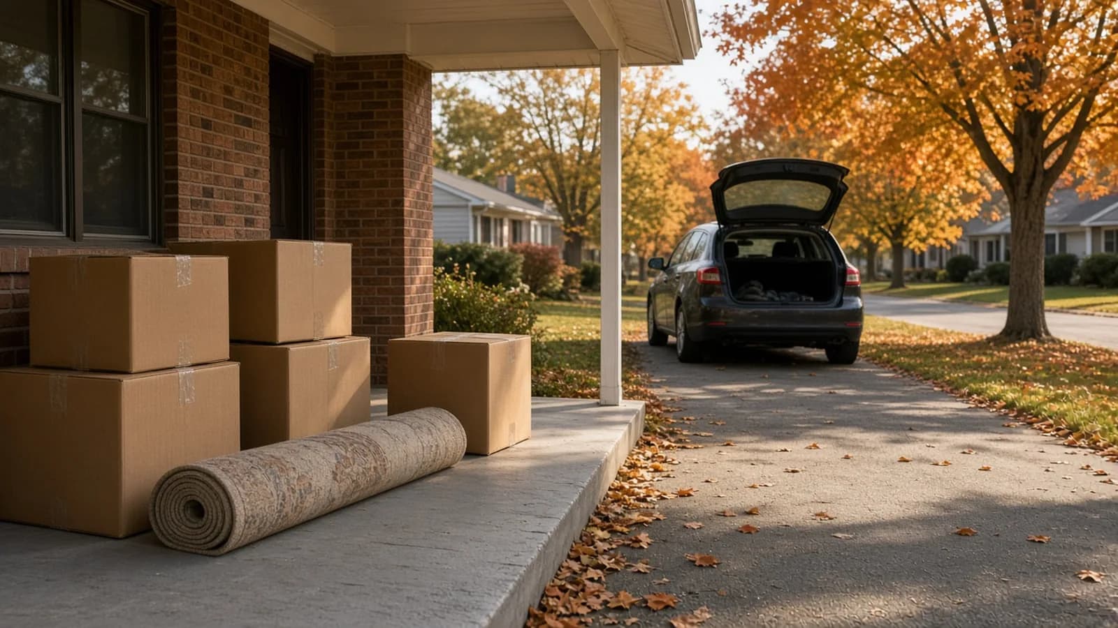 Taped cardboard moving boxes and a rolled rug on the covered concrete porch of a red-brick ranch house, with a dark hatchback open in the driveway and orange autumn maples along a quiet street.