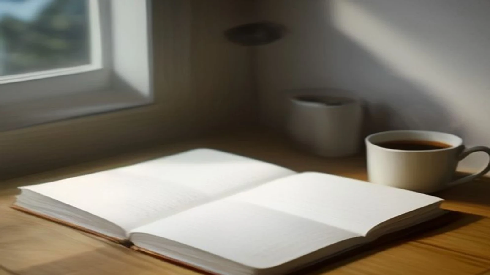An open blank notebook and a white coffee mug on a light wooden desk beside a sunny window.