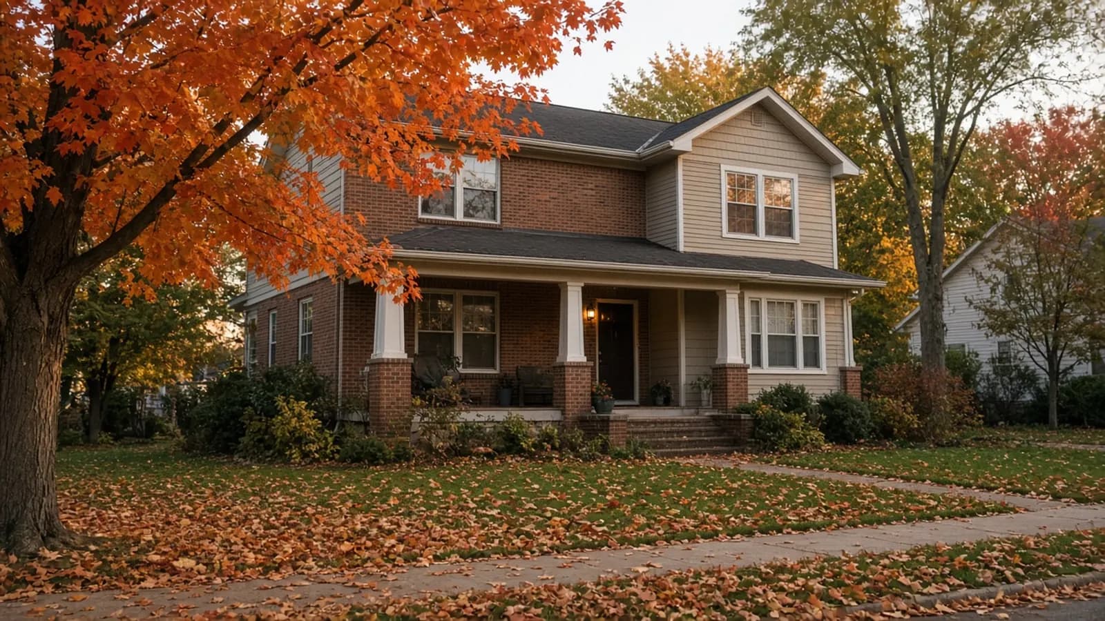 A two-story brick and siding home in autumn, with orange and red maples in the front yard, fallen leaves on the lawn, and a covered front porch.