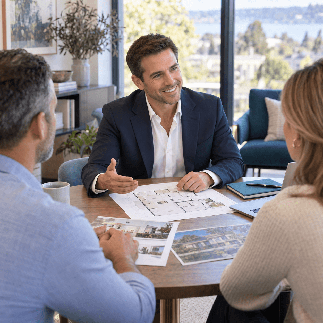 Realtor meeting with a couple at a table reviewing home photos and a floor plan