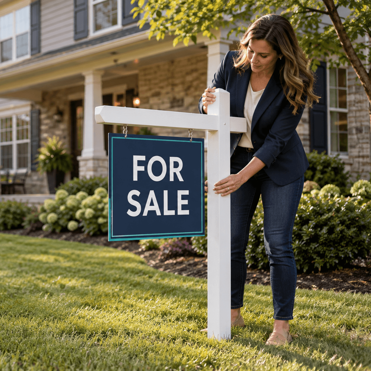 Realtor placing a For Sale sign in front of a suburban home